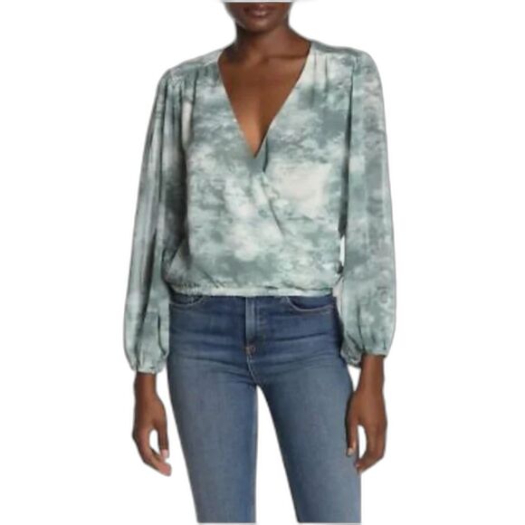 ASTR The Label Green White Faux‎ Wrap Flowy Balloon Sleeve Blouse Womens Size S - Picture 2 of 8